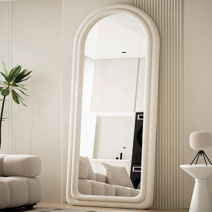 63"X24" Arched Mirror Full Length, Full Body Freely Standing Mirror, Flannel Floor Mirror with Stand for Bedroom, Living Room, Hanging or against the Wall, White