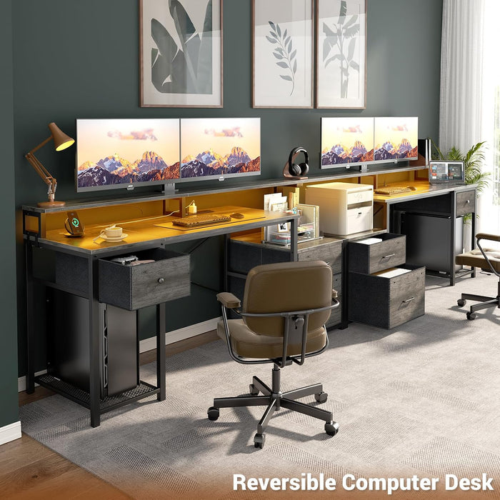 Computer Desk with 3 Drawers, Home Office Desk with File Drawer & Power Outlet, 59'' Gaming Desk with Led Lights, Work Desk with Storage Shelves, Printer Cabinet and Monitor Shelf, Grey Oak