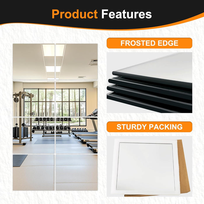 Frameless Mirror Tiles 14"X12"X8 Pcs Wall Mounted, Shatter Resistant Full Length Tempered Glass Panels for Home Gym Bathroom Bedroom & Living Room Decor