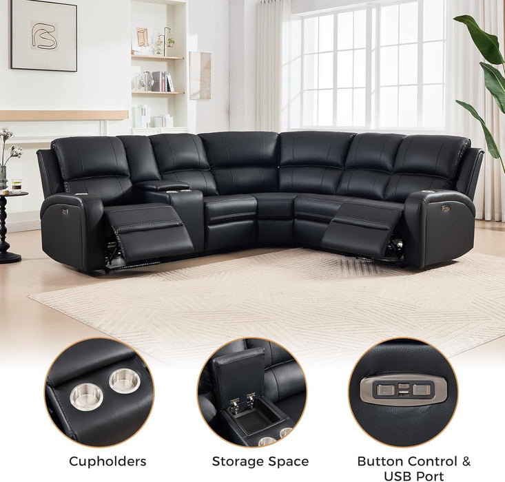 Power Reclining Sectional Sofa with LED Light, Faux Leather Sectional Couch for Living Room, Modern Corner Furniture Sets with 2 Recliner Seats, Cup Holders, Storage Console, Black