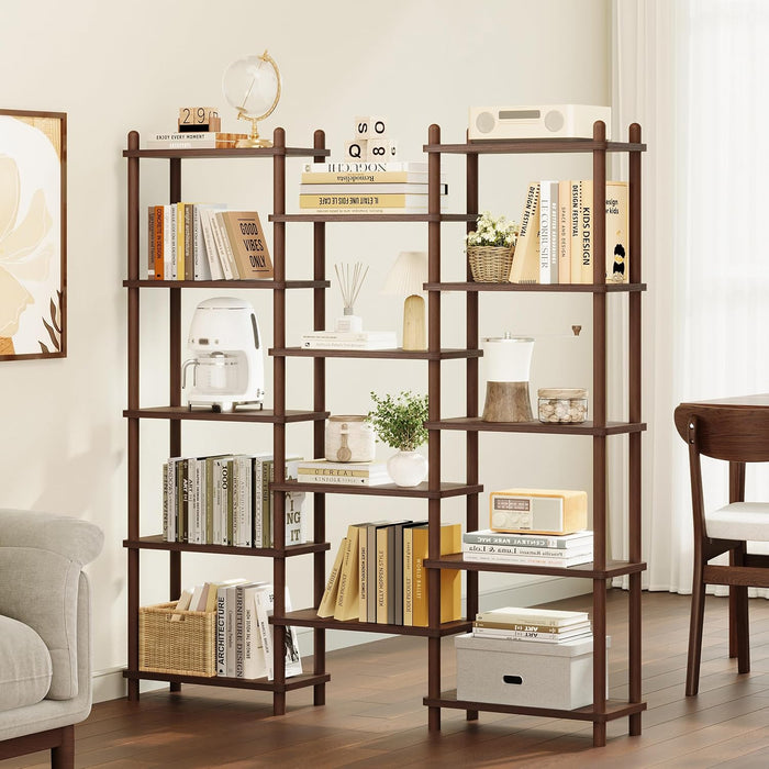 Wooden Triple Wide Bookshelf, 5-Tier Large Open Bookcase, Walnut