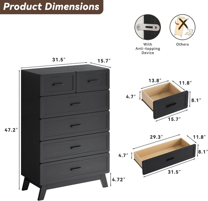 Black 6 Drawer Dresser for Bedroom, 47" Tall Chest of Drawers