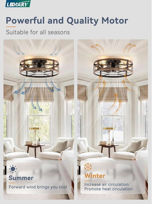 20" Caged Ceiling Fan with Light and Remote, Low Profile Flush Mount Fandelier, Black Gold Bladeless Enclosed Small Fan Lights Ceiling Fixtures, Rustic Farmhouse Style for Bedroom, Outdoor