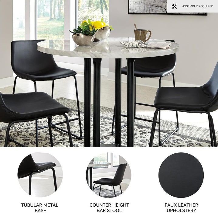 Signature Design by Ashley Counter Height Bar Stool, Set of 2, Black | French Black Faux Leather, Contoured Bucket Seat, Sturdy Metal Frame, 24 Inch Class, Centiar Series