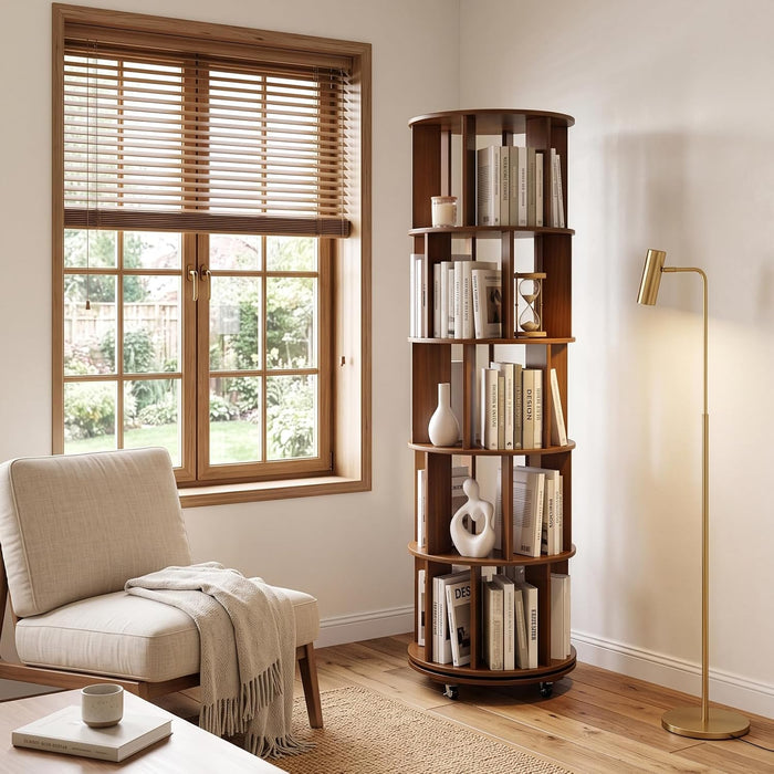 5-Tier Solid Wood Rotating Bookshelf on Wheels for Small Spaces