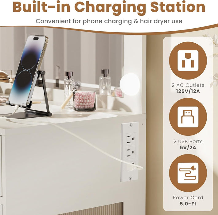 Makeup Vanity Desk with Mirror and Lights for Bedroom,White Vanity with Glass Top,Power Outlet,3 Drawers & 2 Acrylic Cabinets,3 Light Modes & Adjustable Brightness,Dressing Table for Women & Girls