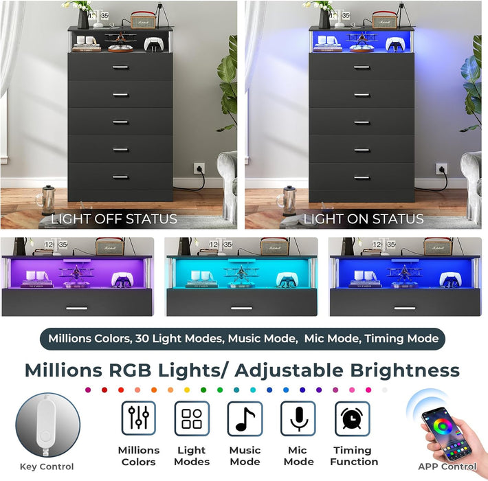 Black Dresser for Bedroom with Column Design & Charging Station, Led 5 Drawers Tall Dresser for Bedroom,Black