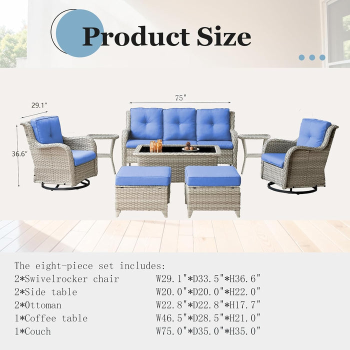 Outdoor Furniture Set: 8 PCS Wicker Patio Furniture Set with Outdoor Swivel Rocker Patio Chairs, Light Beige Wicker/Blue Cushion