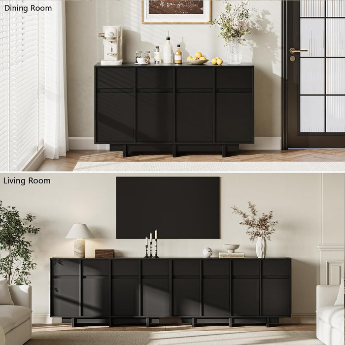 Black Sideboard Buffet Cabinet, 55" Mid Century Buffet Cabinet with 4 Drawers and 4 Doors, Wooden Coffee Bar Table for Kitchen