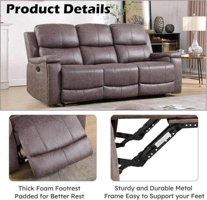 Faux Leather Manual Reclining Sofa,3 Seat Recliner Couch Sofa with Overstuffed Arms and Back,Manual Recliner Sofa Set with Concealed Cup Holders for Living Room,Grey