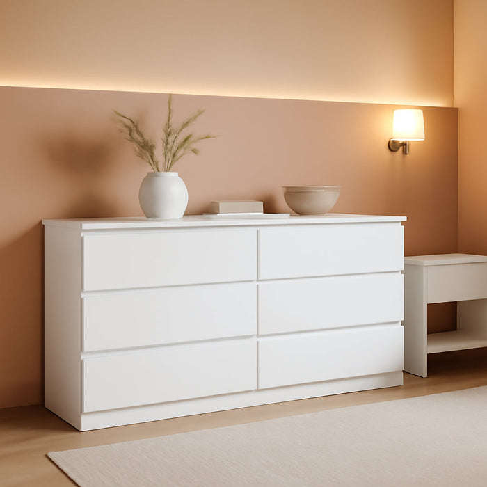 Modern 9 Drawer Wood Dresser for Bedroom, Large Floor Storage Drawer Cabinet Lateral Chest of Drawers Handle Free Organizer for Closet Living Room (White, 9 Drawer)