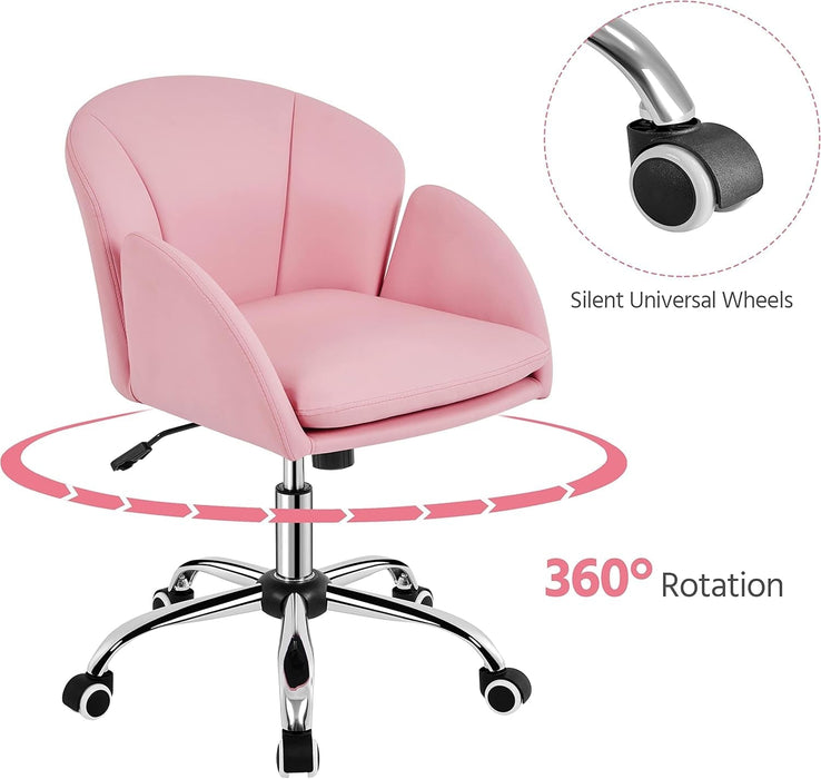 Cute Petal Desk Chair Home Office Chair Swivel Upholstered Leather Desk Chair Makeup Vanity Chair with Armrests for Bedroom Modern Computer Rolling Chair for Women Simple Pink