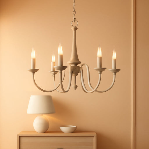 Sherbrooke 24" 5-Light French Country Chandelier, Distressed Wood Grain Metal Candle Chandelier, Smoked Cedar Wood and Rustic Metal Finish