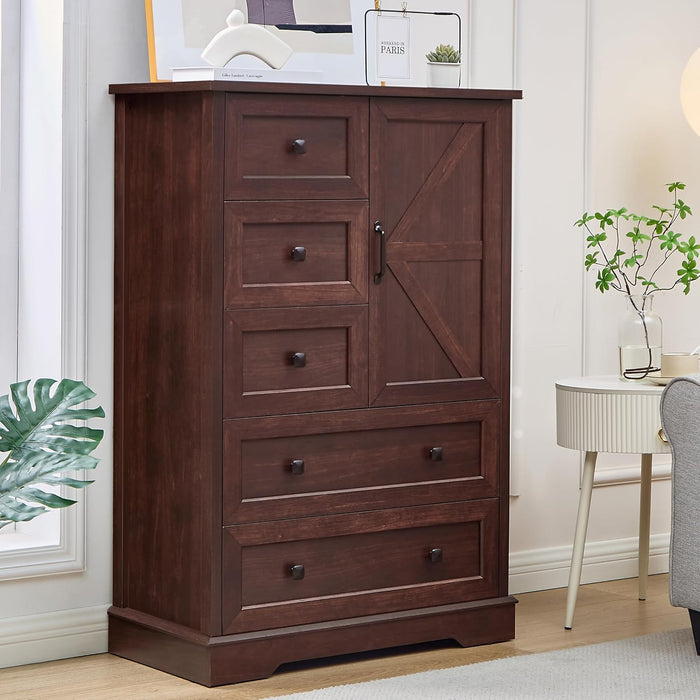 Farmhouse Dresser for Bedroom, Tall Chest of Drawers, Dark Cherry