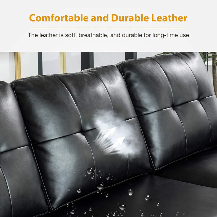  Black Faux Leather Sectional Sofa L-Shaped, Convertible