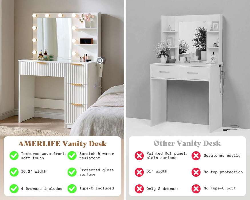 36Inch ElegantFluted White Vanity Desk With LEDMirror