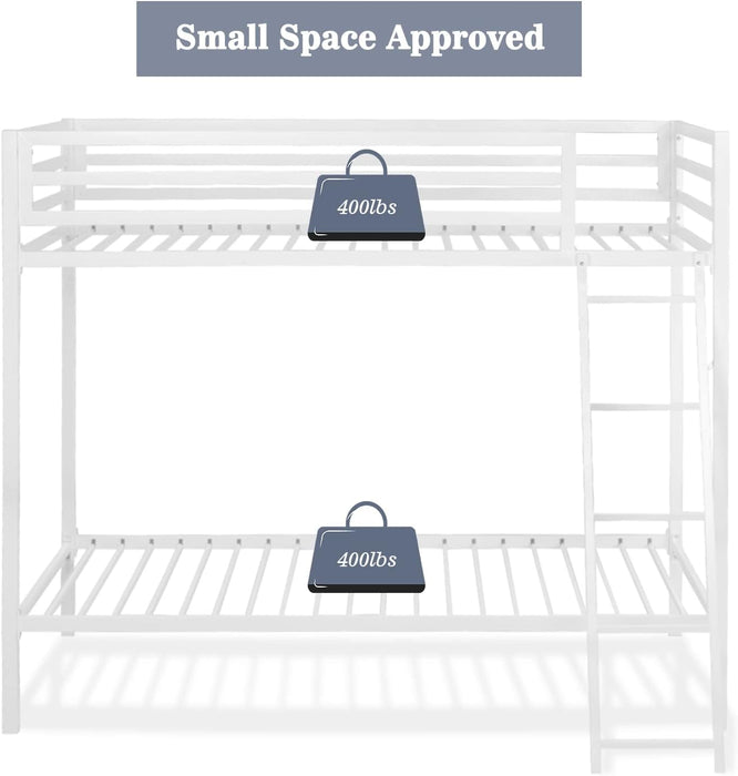 Metal Bunk Bed Twin over Twin Size for Junior & Adults with Ladder and Heavy Duty Guardrail, Small Space Saving Design for Bedroom Kid Room and Dorm, White
