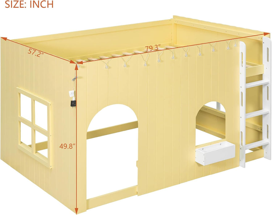 FullSize Wooden Loft Bed WithLEDLightingPlayAreaYellow