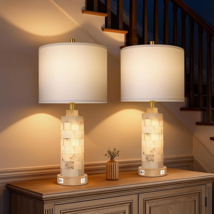 27" Alabaster and Wood Table Lamps Set of 2 with Night Light