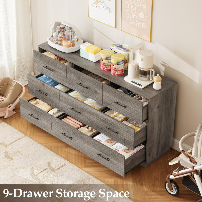9 Drawers Dresser for Bedroom, 58” Wide Modern Chest of Drawers with Diamond Panel, Anti-Tipping Device, Wood Stable Storage Organizer for Bedroom, Nursery, Living Room