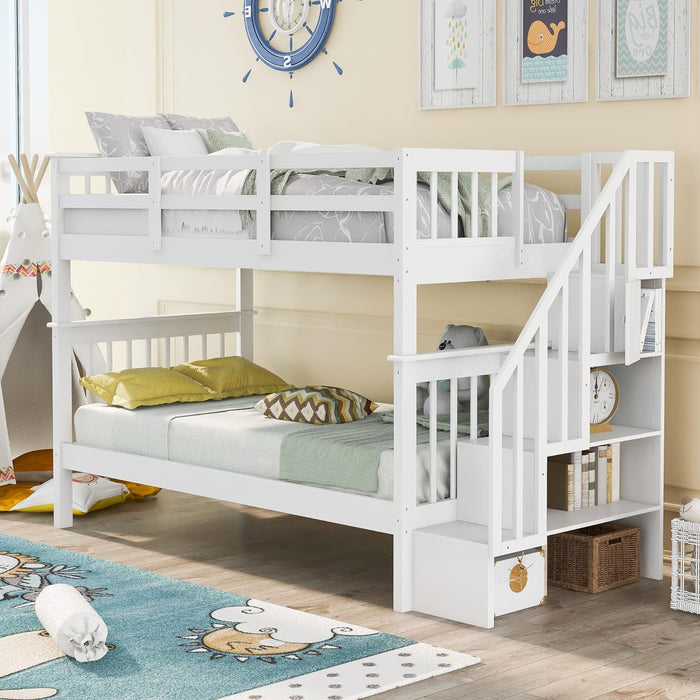 Twin over Twin Bunk Bed with Stairs, Solid Wood Bunk Bed Frame with Storage for Kids Teens Adults Bedroom Dorm - White