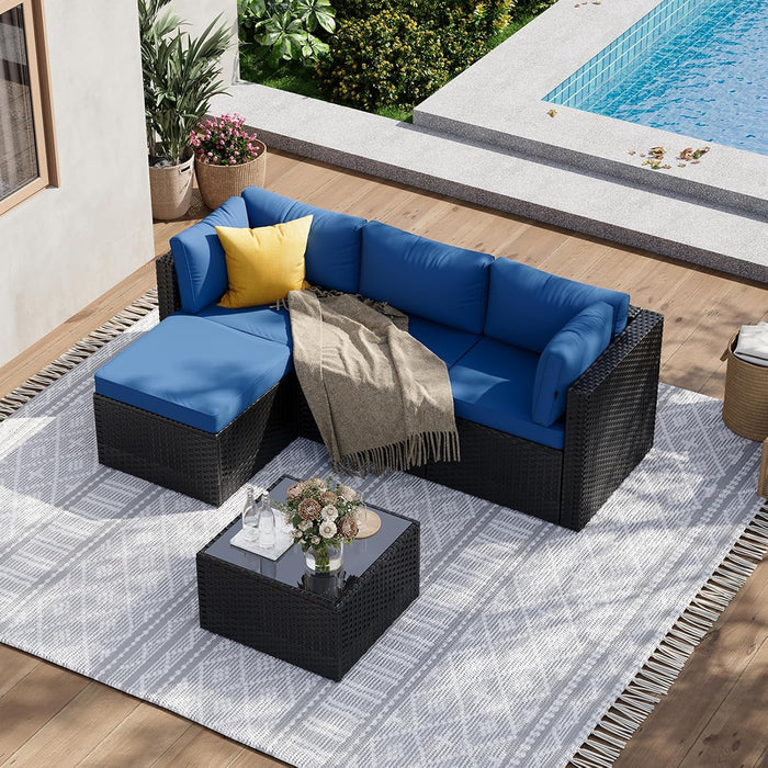 Patio Furniture Set 5-Piece, Outdoor Sectional Sofas with Washable Cushion, Wicker Rattan Patio Conversation Sets for Backyard Porch and Poolside, Navy