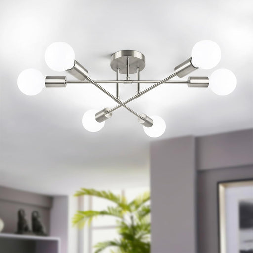 Modern Sputnik Chandelier, 6-Light Ceiling Light Fixture, Bedroom Light Fixture, Sputnik Lights Fixture for Living Room, Dining Room, Kitchen, Office, Foyer, Hallway (Brushed Nickel) - E26 Base