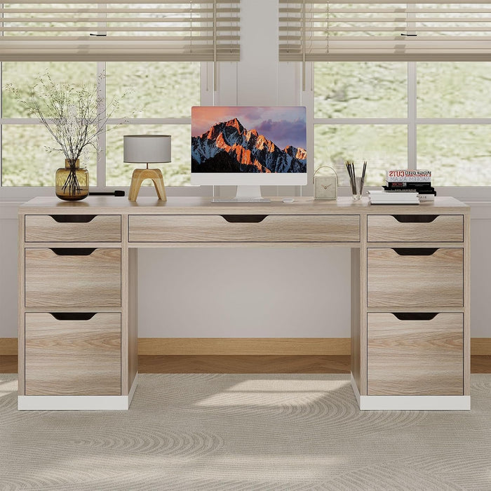 54Inch Computer Desk WithStorageDrawers White Walnut