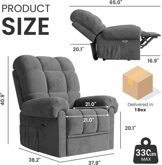 Upgraded 2024 New Power Recliner Chair for Adults, Adjustable Electric Chair Power Reclining Sofa, USB Port, Ultra-Comfy Corduroy Recliner for Living Room, Tool-Less Assembly Single Sofa Gray