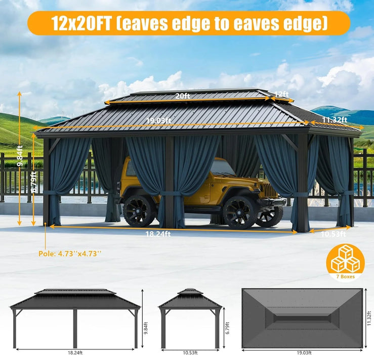 12X20 Hardtop Gazebo Aluminum Metal Gazebos Galvanized Steel Double Roof Permanent Hardtop Gazebo with Netting and Curtains Aluminum Frame Steel Gazebos for Deck, Lawns and Backyard, Black