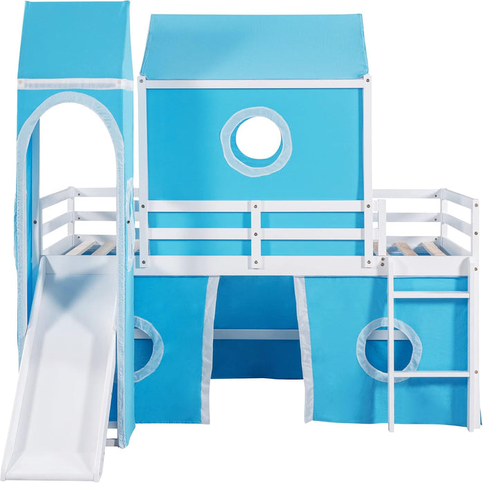 Blue SolidWood Twin Loft Bed With SlideUnderbedCurtains