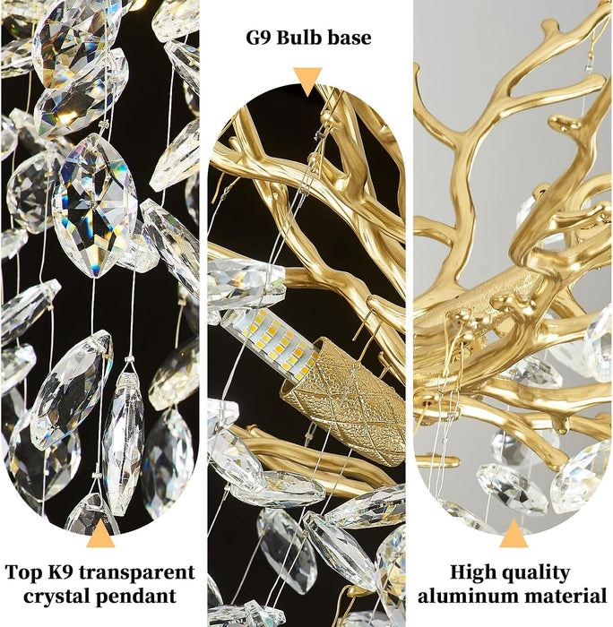 31.5" Tree Branch Chandelier 10-Light Gold Crystal Chandelier