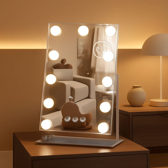 Hollywood Vanity Mirror with Lights, 12 Dimmable LED Bulbs Lighted Makeup Mirror with Detachable 10X Magnification Mirror, 1000Mah Rechargeable, 3 Color Lights, Touch Control
