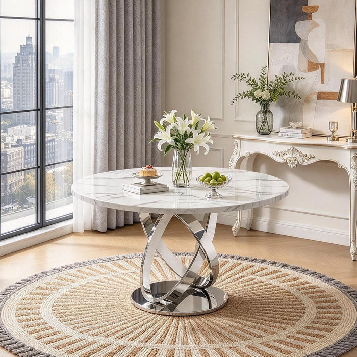 47.24" round Faux Marble Dining Table for 6 W/Stainless Steel Leg