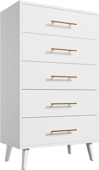 5 Drawer Dresser, Tall Dresser with Metal Handles, Wood Storage Organizer for Bedroom, Hallway, or Entryway, White