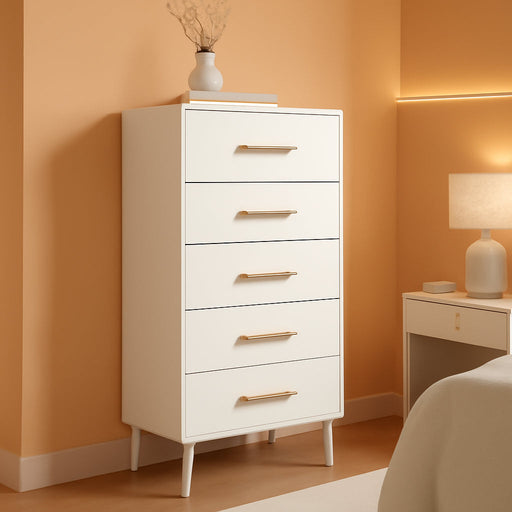 5 Drawer Dresser, Tall Dresser with Metal Handles, Wood Storage Organizer for Bedroom, Hallway, or Entryway, White