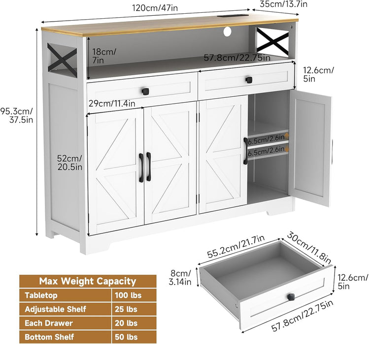 Sideboard Buffet Cabinet with Storage, 47" Kitchen Buffet Cabinet with Charging Station, Farmhouse Coffee Bar Station with Drawers and Doors, Credenza for Kitchen Living Room Entryway, White