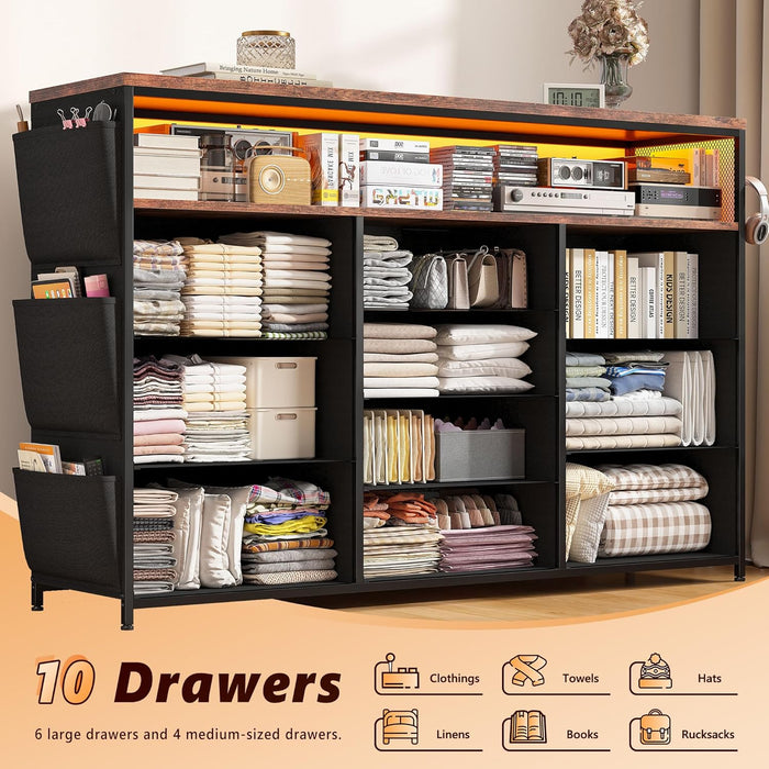 Dresser for Bedroom with 10 Fabric Drawers, Dresser with LED Lights & Power Outlets, 55" TV Stand Dresser with Side Pockets and Wood Open Shelves for Bedroom, Entryway, Rustic Brown