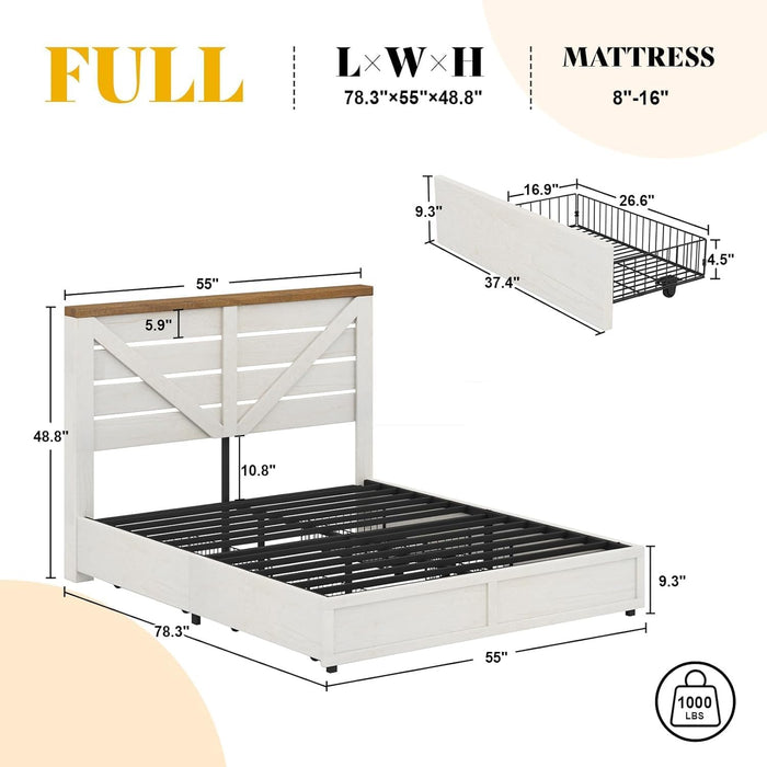 Full Size Farmhouse Bed Frame with 4 Drawers, Wooden Storage Bed Frame with Headboard and Heavy Duty Metal Slats, Noisy Free, Easy Assemble, White/Barnwood