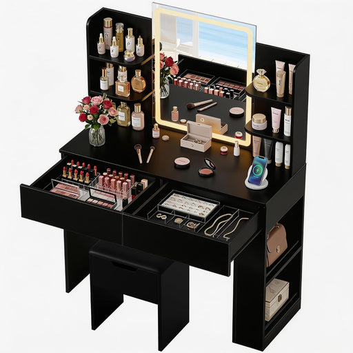 Vanity Desk with Mirror and LED Lights, Makeup Vanity Table with 3 Lighting Color, Adjustable Brightness, Vanity Table with 2 Drawers, Side Storage, for Bedroom (Black, with Bench)