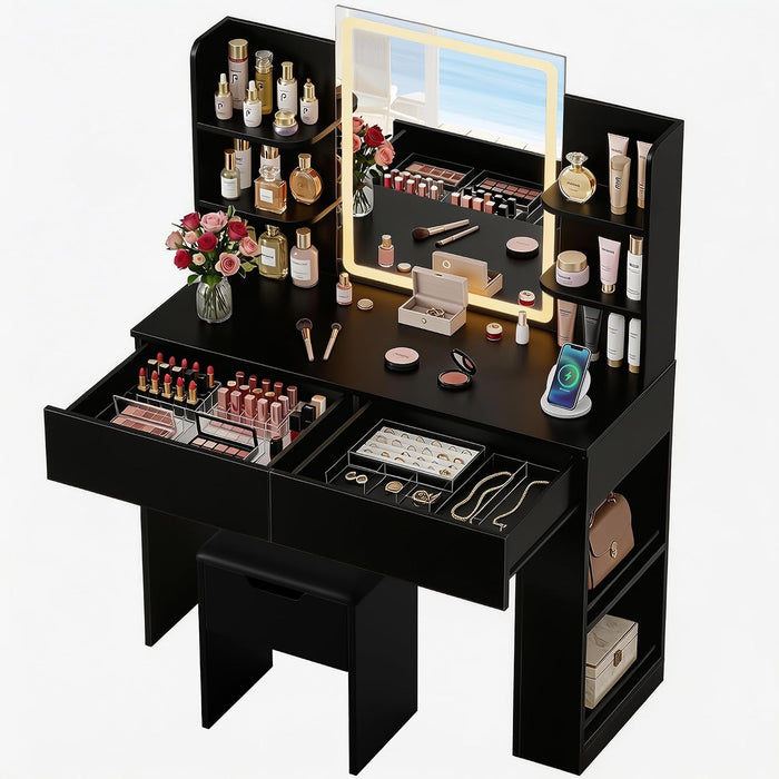 Vanity Desk with Mirror and LED Lights, Makeup Vanity Table with 3 Lighting Color, Adjustable Brightness, Vanity Table with 2 Drawers, Side Storage, for Bedroom (Black, with Bench)
