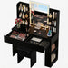 Vanity Desk with Mirror and LED Lights, Makeup Vanity Table with 3 Lighting Color, Adjustable Brightness, Vanity Table with 2 Drawers, Side Storage, for Bedroom (Black, with Bench)