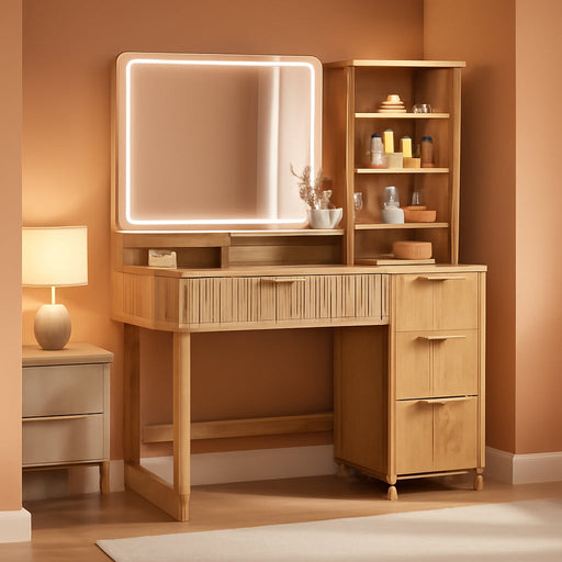 Womens Vanity with Mirror and Led Lights - 47.3" Makeup Vanitys with 360° Rotating Storage Shelf and 4 Drawers, Fluted Wood Vanities with Power Outlet & Holder for Bedroom