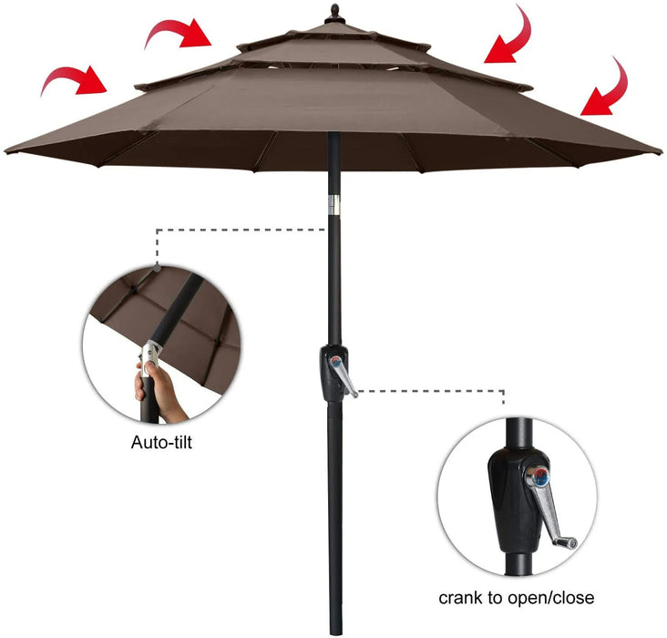 9FT 3 Tiers Patio Umbrella with Crank Handle, Brown