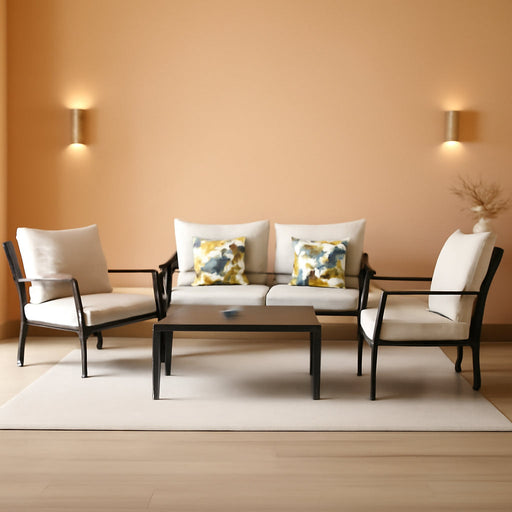4 Pieces Patio Furniture Set W/Loveseat,Coffe Table,Outdoor Conversation Metal Sofa with High Back and Thick Cushion,For Backyard,Garden,Beige