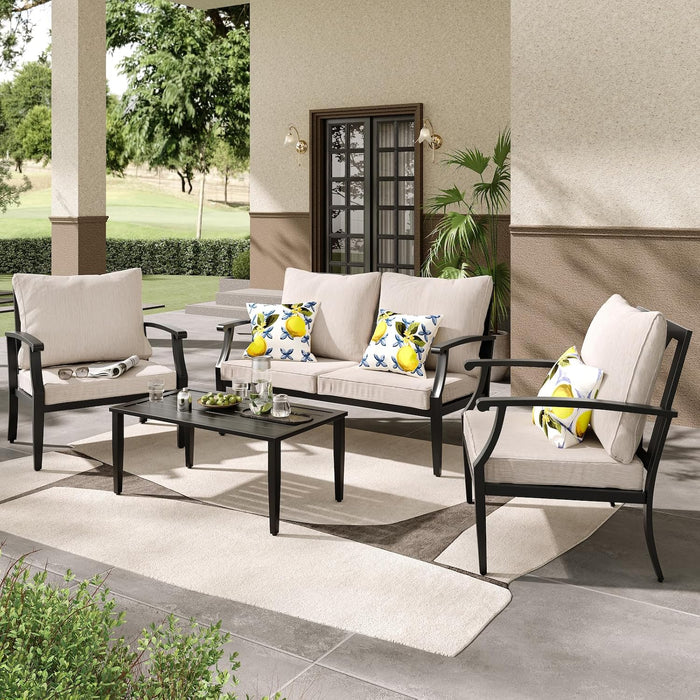 4 Pieces Patio Furniture Set W/Loveseat,Coffe Table,Outdoor Conversation Metal Sofa with High Back and Thick Cushion,For Backyard,Garden,Beige