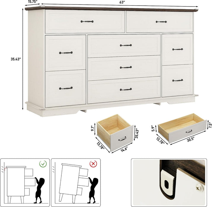Farmhouse 9 Drawer Dresser for Bedroom,63” Wood Dresser & Chest of Drawers with Power Outlets,Large & Wide Dressers for Bedroom,Tall Storage Dresser Organizer(White)
