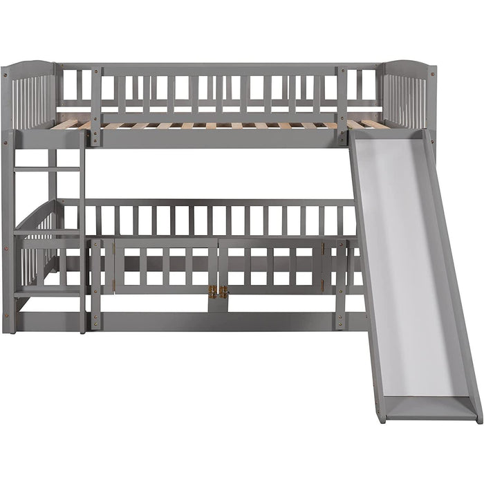 Gray Bunk Bed with Fence, Slide, and Ladder