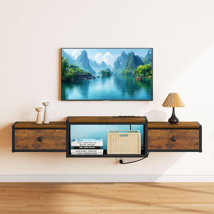 Floating TV Stand with Power Outlet 55", Wall Mounted Entertainment Center with LED Lights, Floating TV Shelf with Drawer, Wall Mounted Media Console Shelf for Living Room, Bedroom