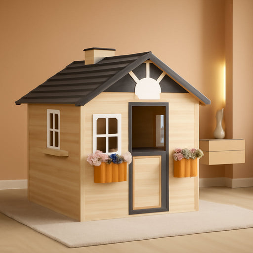 Wooden Playhouse for Kids Outdoor Garden Pretend Play Games, Adventures Cottage, with Working Door, Windows, Bench, Service Station, Flowers Pot Holder, for 3-7 Years Old